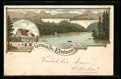 Lithographie Ebnisee, Seepartie und Hotel mit Strasse