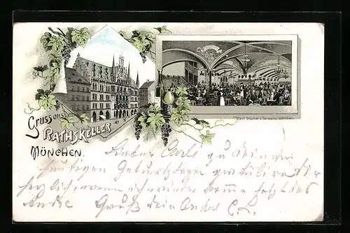 Lithographie München, Rathskeller - Gebäudeansicht mit Strasse, Innenansicht