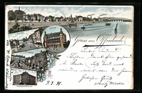 Lithographie Offenbach, Panorama vom Wasser gesehen, Markt, Aliceplatz, Schloss