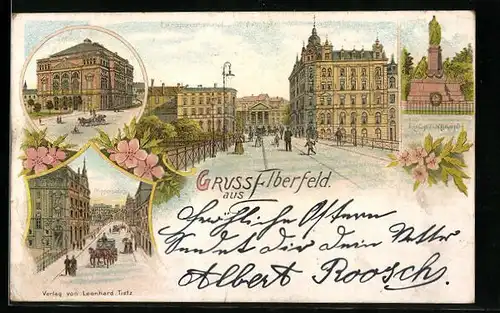 Lithographie Elberfeld, Bahnhof, Theater, Kriegerdenkmal