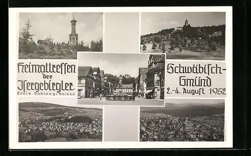 AK Schwäb. Gmünd, Heimattreffen der Isergebirgler Kreis Gablonz-Neisse 1952, Strassenpartie mit Apotheke und Brunnen
