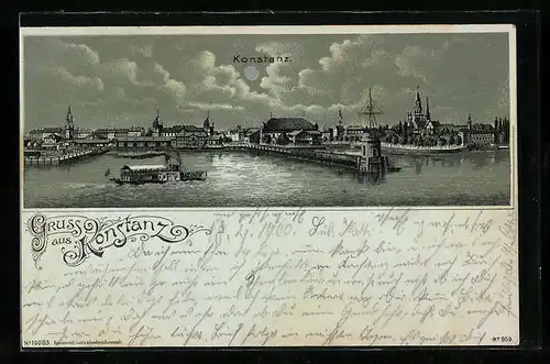 Mondschein-Lithographie Konstanz, Uferpartie mit Dampfer
