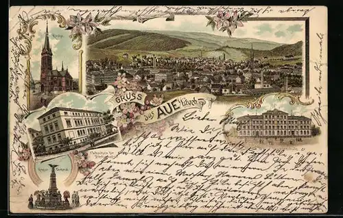 Lithographie Aue i. Erzgeb., Fachschule für Blechindustrie, Bürgerschule, Kirche