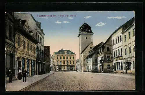 AK Crimmitschau, Thieme-Strasse mit Geschäften