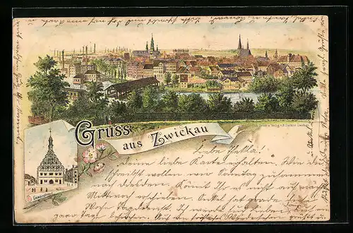 Lithographie Zwickau, Teilansicht, Gewandhaus