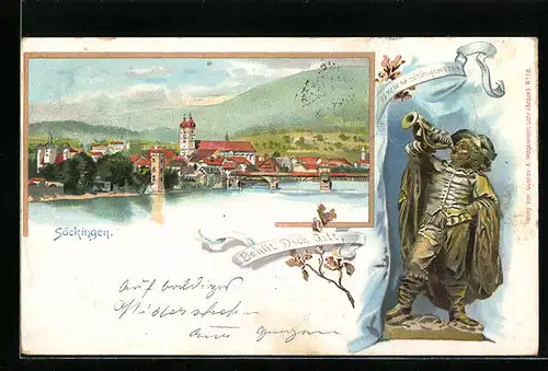 Lithographie Säckingen, Behüt` Dich Gott, Trompeter, Uferpartie mit Kirche