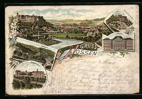 Vorläufer-Lithographie Nossen, 1895, Schloss, Bergschlösschen, Seminar