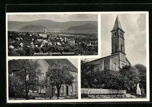 AK Ohlsbach /Schwarzw., Gasthaus zum wilden Mann, Kirche mit Kriegerdenkmal 1914-18, Teilansicht