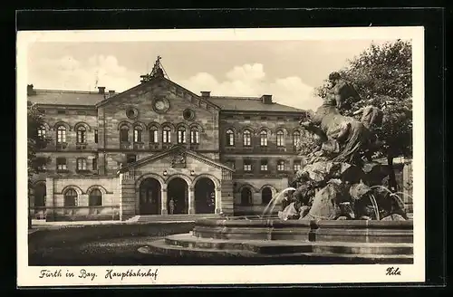 AK Fürth i. B., Hauptbahnhof, Brunnen