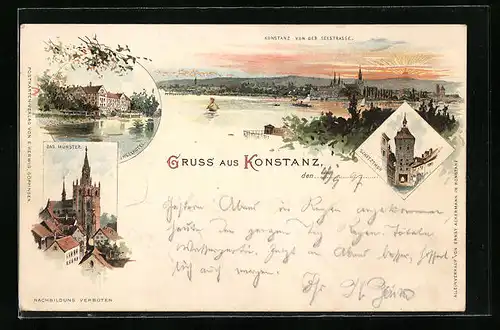 Lithographie Konstanz, Das Münster, Inselhotel, Schetzthor, Panorama