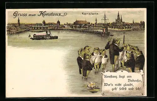 Lithographie Konstanz, Ortsansicht mit Hafen und Froschchor