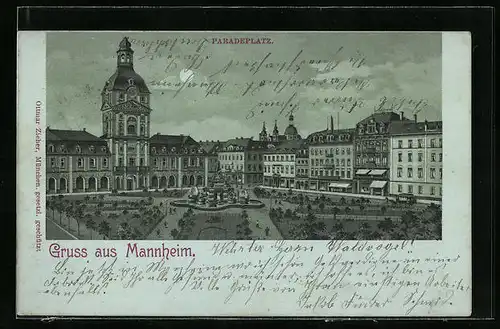 Mondschein-Lithographie Mannheim, Paradeplatz mit Brunnen