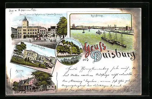 Lithographie Duisburg, Rheinbrücke, Städt. Tonhalle, Burgplatz mit Rathaus