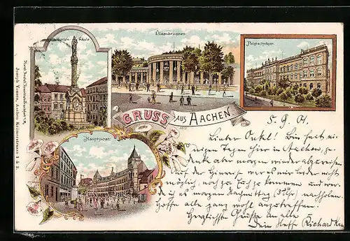 Lithographie Aachen, Elisenbrunnen, Marien-Säule, Polytechnikum