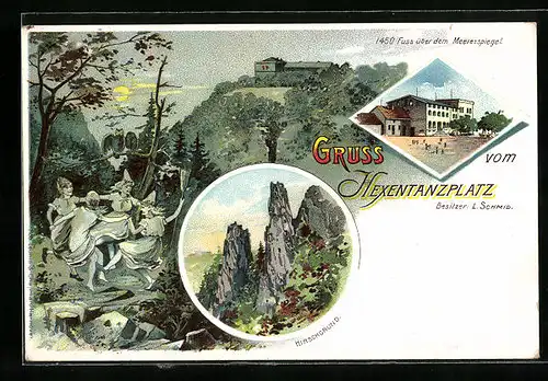 Lithographie Thale, Hexentanzplatz, Besitzer: L. Schmid mit Hirschgrund