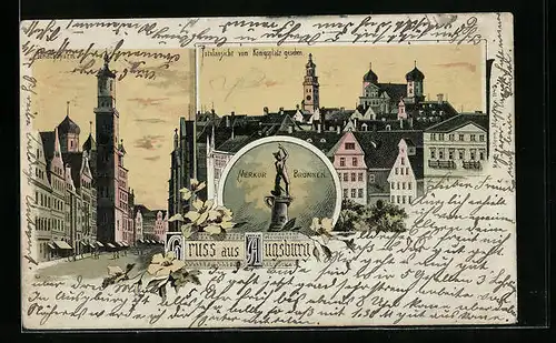 Lithographie Augsburg, Perlachturm, Merkurbrunnen, Totalansicht vom Königsplatz gesehen