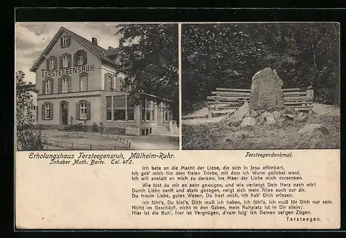 AK Mülheim /Ruhr, Erholungshaus Tersteegensruh, Inhaber: Math. Barte, Tersteegendenkmal