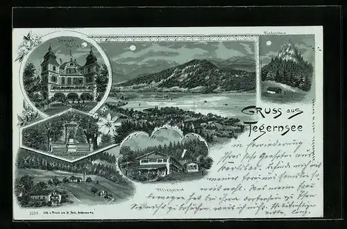 Mondschein-Lithographie Tegernsee, Pfliegelhof, Senger-Schloss, Stieler-Denkmal
