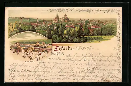 Lithographie Erfurt, Ortsansicht mit Bahnhof