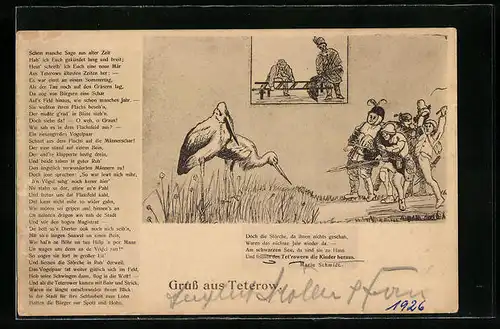 AK Teterow, Störche und Stadtbewohner am schwarzen See