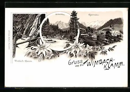 Lithographie Ramsau, Ortspartie, Wimbach-Klamm, Wimbachtal