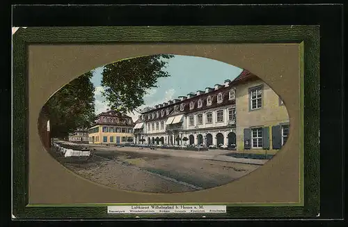 Präge-AK Wilhelmsbad b. Hanau a. M., Kurhaus, Wirtschaftsgebäude und Konzertpark, Passepartout