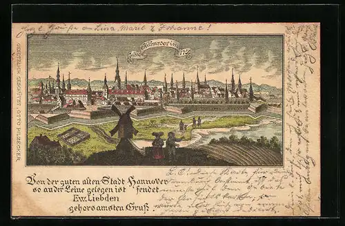Lithographie Hannover, Teilansicht im Jahre 1750