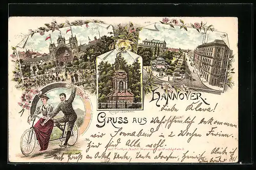 Lithographie Hannover, Gasthaus Tivoli, Georgstrasse mit Pferdebahn, Krieger-Denkmal
