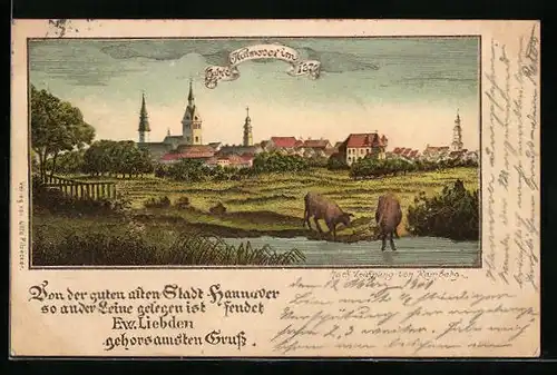 Lithographie Hannover, Teilansicht mit Kirche und Rindern