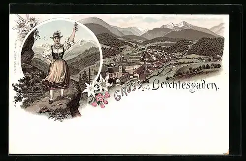 Lithographie Berchtesgaden, Teilansicht, Frau in Tracht