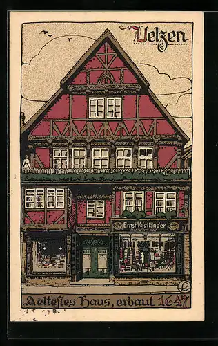 Steindruck-AK Uelzen, Ältestes Haus, erbaut 1647