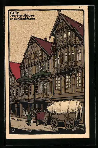 Steindruck-AK Celle, Alte Giebelhäuser an der Stechbahn, Planwagen