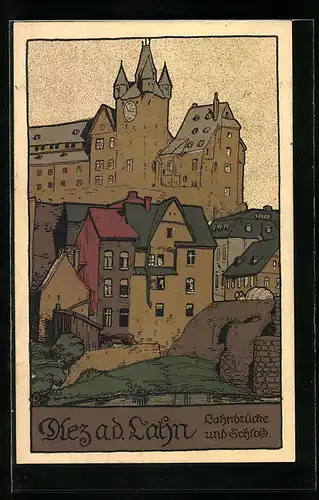 Steindruck-AK Diez a. d. Lahn, Lahnbrücke und Schloss