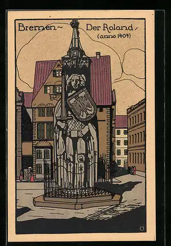 Steindruck-AK Bremen, Der Roland, Anno 1404