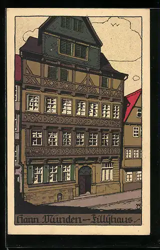 Steindruck-AK Hann. Münden, Fillyhaus mit Giebel