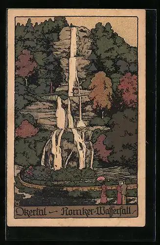 Steindruck-AK Okertal, Romker-Wasserfall