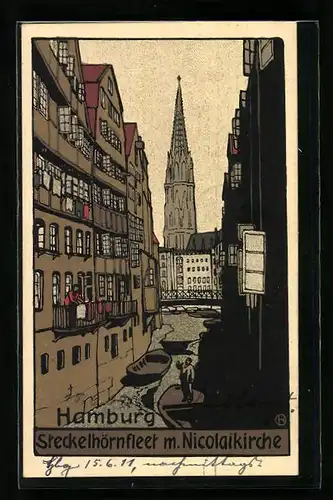 Steindruck-AK Hamburg, Steckelhörnfleet mit Nicolaikirche