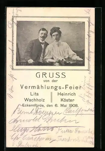AK Eckernförde, Gruss von der Vermählungs-Feier Lita Wachholz und Heinrich Köster, 6. Mai 1908