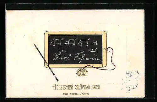 AK Neujahrsglückwünsche mit Schultafel und Schwamm