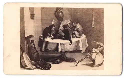 Fotografie Photografische Gesellschaft, Berlin, Gemälde: Katzen Konzert, Eule sitzt auf Liederbuch wärend Affen spielen