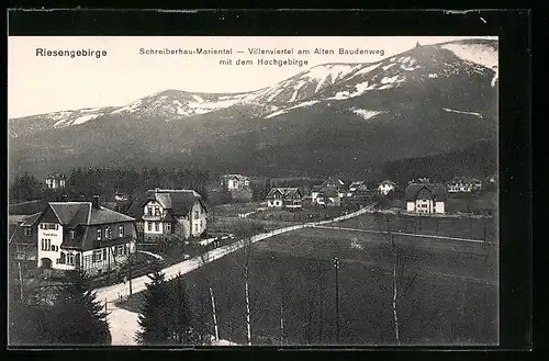 AK Schreiberhau-Mariental, Villenviertel am Alten Baudenweg mit Hochgebirge