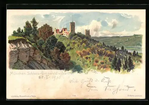 Künstler-AK Grünwald, Schloss Grünwald im Isarthal