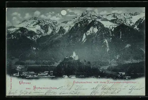 Mondschein-AK Hohenaschau, Blick auf das Kampenwandgebirge