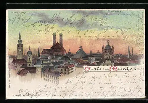 Lithographie München, Blick auf die Stadt mit Frauenkirche