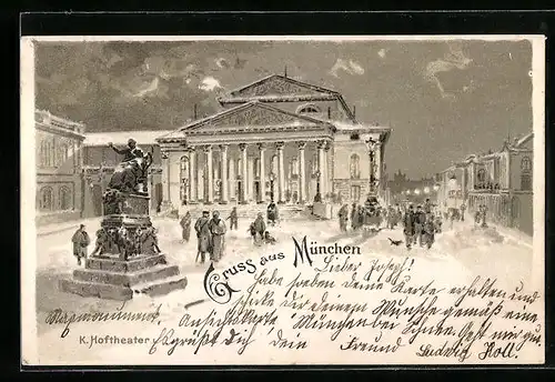 Lithographie München, Spaziergänger vor dem K. Hoftheater