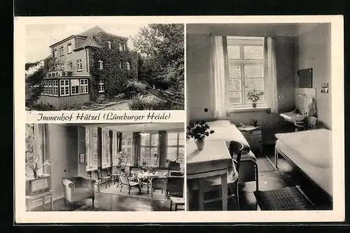 AK Hützel /Lüneburger Heide, Hotel Immenhof, Innenansichten Schlafraum und Gastraum