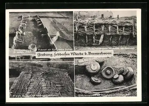 AK Feddersen Wierde b. Bremerhaven, Ausgrabung, Drechslerwerkstatt mit Holzschalen, 2 übereinanderliegende Hauswände