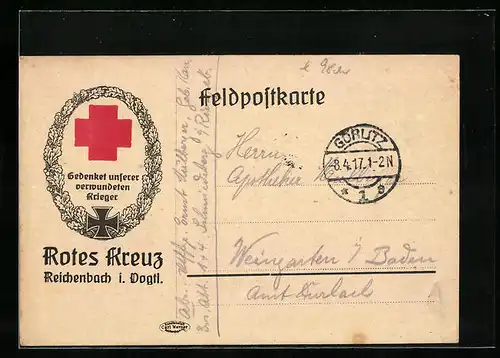 AK Reichenbach i. Vogtl., Rotes Kreuz, Gedenket unserer verwundeten Krieger