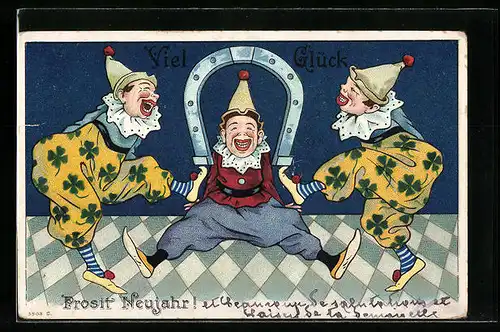 Lithographie Clowns im Zirkus wünschen ein Neues Jahr