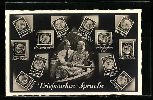 AK Briefmarkensprache, Ich liebe dich, Ein Kuss, Ewig dein